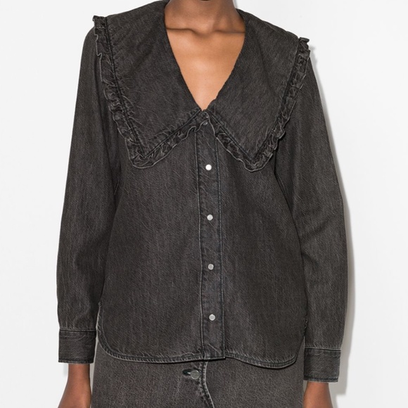 NWT GANNI Frilled Peter Pan Cotton Blouse - Size 32 - Picture 1 of 9